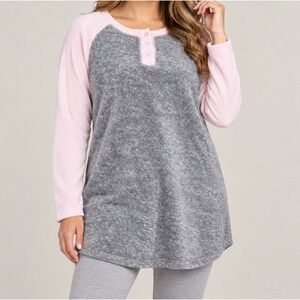 Secret Treasures Henley Sleep Top Womens L 12-14 Pink Grey Sherpa Lined Fleece